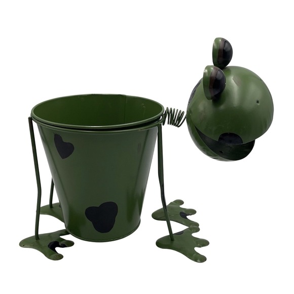 Cute Metal Planter Green‎ Frog W/Spots Wobbly Spring Head Big Eyes Removable Pot - Picture 3 of 9